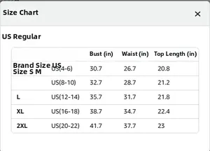 Size chart for women's V-neck denim ruffle top showing US sizes from S to 2XL in inches