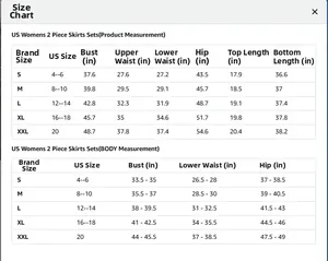 Detailed size chart for women's two-piece cotton crop top and long skirt set in US sizes