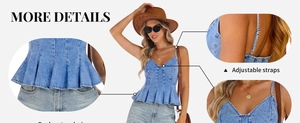 Detail view of denim camisole with ruffled peplum hem and adjustable thin straps