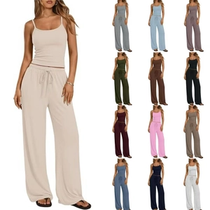 Women Casual Ribbed Cami Tank Top And High Waist Wide Leg Drawstring Pants Outfits Summer Lounge Wear Solid Color Clothes