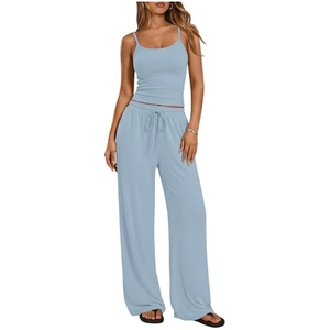 Women's two-piece casual set featuring a light blue ribbed camisole and wide-leg pants