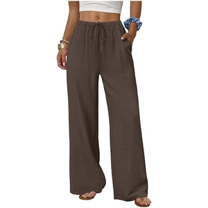 Women's casual high waist brown wide leg pants with elastic drawstring and side pockets