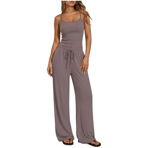 Women's 2-piece lounge set with spaghetti strap top and drawstring wide leg pants in purple