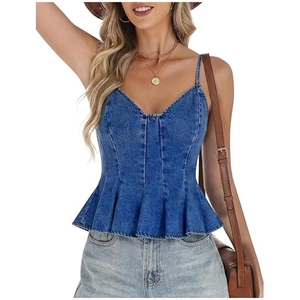 Detail of V-neck denim peplum top featuring ruffles and contrast stitching details