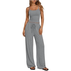 Women's 2-piece grey knit lounge set with camisole crop top and wide-leg drawstring pants