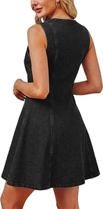 Rear view of slim fit black sleeveless denim dress with vertical seams and A-line cut