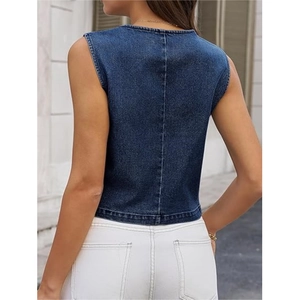 Women's vintage blue denim vest with vertical stitching and slim fit design, back view
