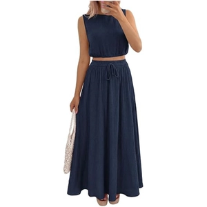 Deep blue sleeveless crop top and maxi skirt set with functional side pockets
