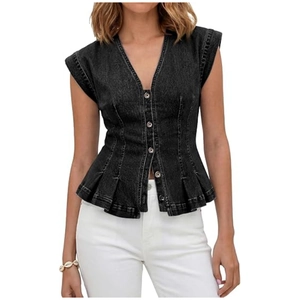 Women's V-neck black denim vest with metal buttons and stylish peplum hem design