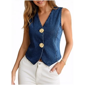 Women's V-neck dark blue denim vest with vintage gold buttons and slim fit style