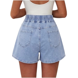 Pantaloncini di jeans azzurri da donna a vita alta elastica con tasche posteriori