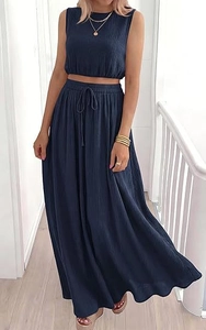 Detail of high-waist drawstring on navy cotton maxi skirt and sleeveless crop top