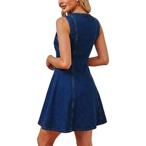Slim fit sleeveless washed denim dress for women with side pockets and A-line silhouette