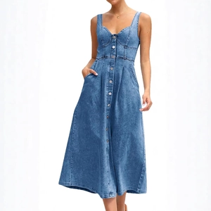 Robe Midi en Denim Délavé Décontractée pour Femmes Sans Manches Simple Boutonnage Ligne A Robe d'été Avec Poches et Dos Smocké