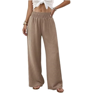 Damenhose mit hoher Taille und weitem Bein in Khaki mit gesmoktem Bund und Rippenstruktur