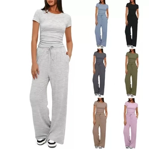 Damen 2-Teiler Freizeit-Set mit Kurzarm-T-Shirt und Kordelzug-Hose mit weitem Bein in Grau