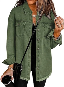Detail of army green denim shacket featuring flap pockets and frayed raw hem design