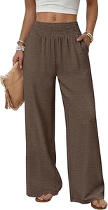 Detail der Hose mit hoher Taille, elastischem gerafftem Bund und plissiertem Stoff