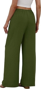 Rear view of olive green wide-leg trousers showing elastic high waist and seersucker texture