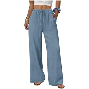 Women's light blue high-waisted wide-leg cotton linen trousers with drawstring waist