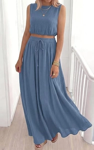 Detail of blue cotton crop top and maxi skirt set with drawstring waist texture