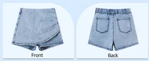 Front and back detail of light blue washed denim skort with asymmetrical wrap and elastic waist