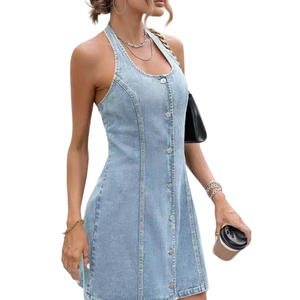 Chic light blue denim halter neck mini dress with front button closure and slim fit