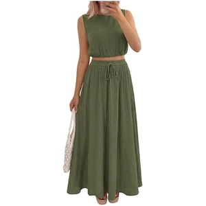 Detail of olive green cotton two-piece set featuring cropped tank top and maxi skirt with pockets