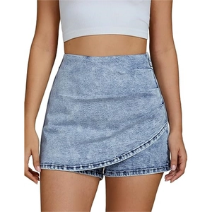 Women High Waist Denim Skort Asymmetric Wrap Ruched Acid Wash Cotton Denim Shorts Skirt For Summer Casual Everyday Fashion