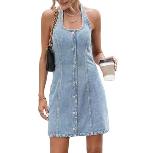 Sleeveless denim halter dress with front buttons in a vintage light blue wash