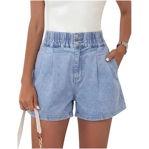 Pantaloncini di Jeans a Vita Alta da Donna Elastico in Vita Gamba Larga Pieghe Pantaloncini Denim Con Tasche Doppio Bottone Casual Estate