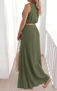 Back view of olive green ribbed crop top and long skirt set with an elastic waist