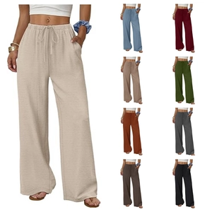 Women Casual Wide Leg Pants With Pockets Elastic Waist Drawstring Loose Straight Full Length Trousers Minimalist Fashion High Waisted Vacation Daily Wear