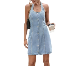 Chic light blue halter neck denim mini dress with front metal button closure