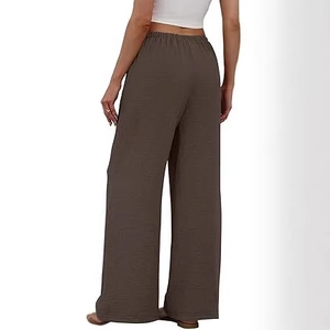 Women's dark brown wide leg high waisted casual pants with elastic waistband and pockets