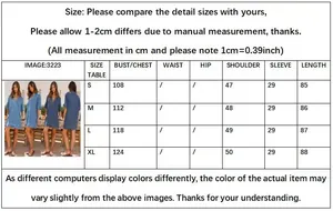 Size chart for women's V-neck denim dress showing detailed S to XL garment measurements