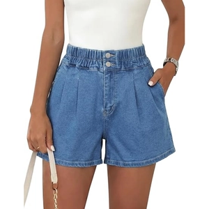 Pantaloncini di jeans a vita alta da donna con elastico in vita e bottoni doppi blu