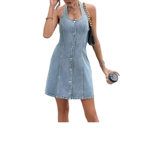 Close-up of light blue denim halter neck dress with front metal button closure detail