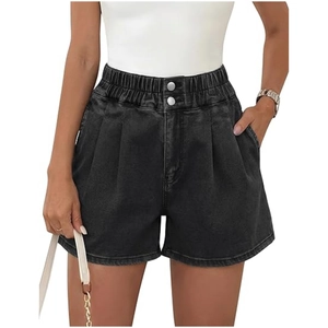 Pantaloncini di jeans donna a vita alta elastica con tasche e chiusura a doppio bottone