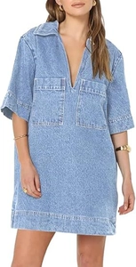 Detailed close-up of light blue washed denim dress featuring V-neck and double breast pockets