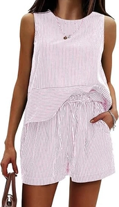Detailed view of pink and white striped sleeveless top and drawstring shorts for women