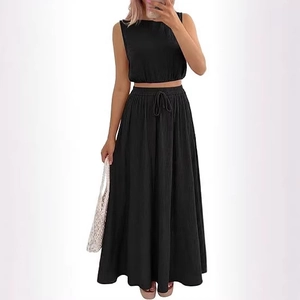 Women's 2-piece black summer set with sleeveless crop top and high-waist maxi skirt