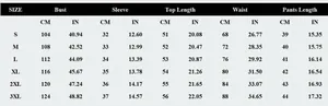 Detailed size chart for striped casual sportswear sets with metric and imperial units