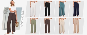 Detailweergave van de wijde broek met hoge taille in acht zomerkleuren met trekkoord