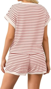 Back view of women striped waffle knit lounge set with short sleeves and shorts