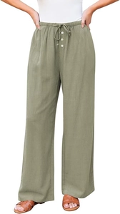 Detail van de wijde broek met hoge taille, trekkoord en witte decoratieve knopen