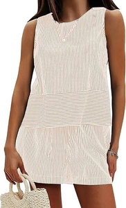 Detailed close-up of beige vertical striped texture on summer sleeveless two-piece set