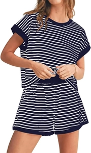 Detail of navy striped short-sleeve top and elastic shorts set with soft knit texture