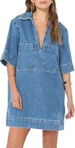Detail of V-neckline and large cargo pockets on a blue washed denim dress