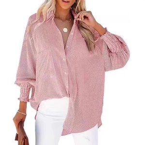 Pink and white striped oversized button-down shirt with lantern sleeves for beach or casual wear
